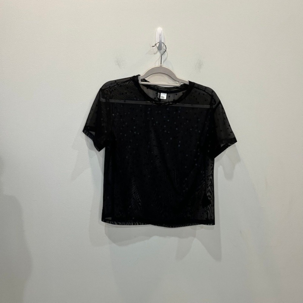 H&M Divided Women Black Sheer Mesh Star Print Short Sleeve Top Small